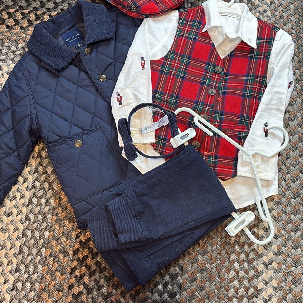 Janie and Jack Red Tartan Vest with Navy Quilted Jacket Set